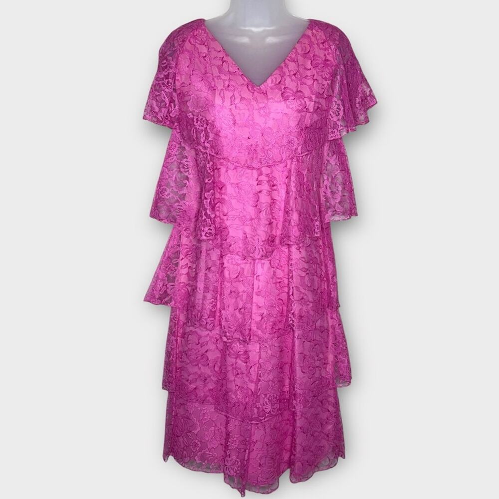 VINTAGE 80s Barbie pink lace tiered midi dress fits size small - Picture 1 of 3